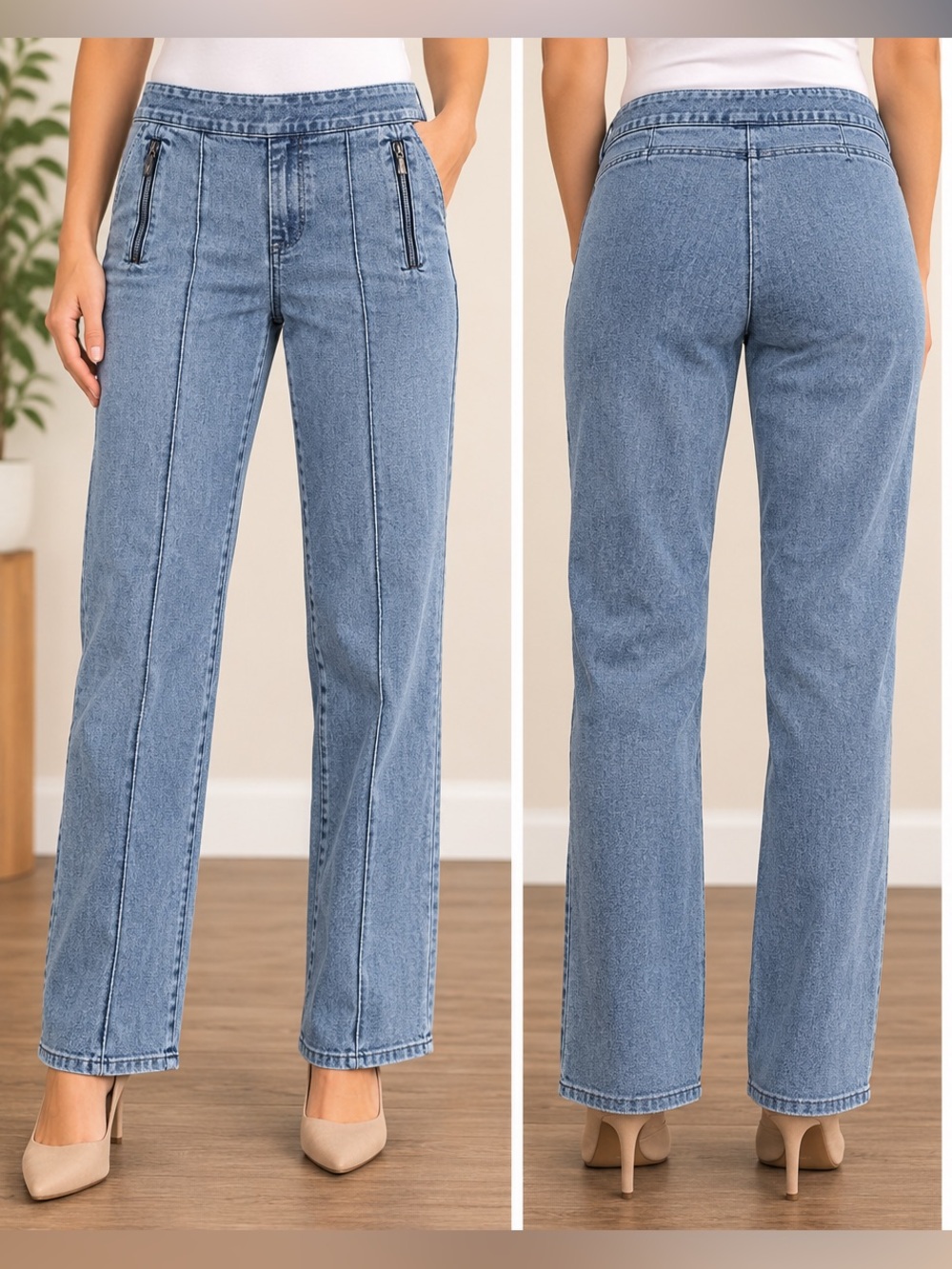 Dana Buchman Pintuck Straight Leg Jeans 12 Blue Zip Pocket Trouser Denim